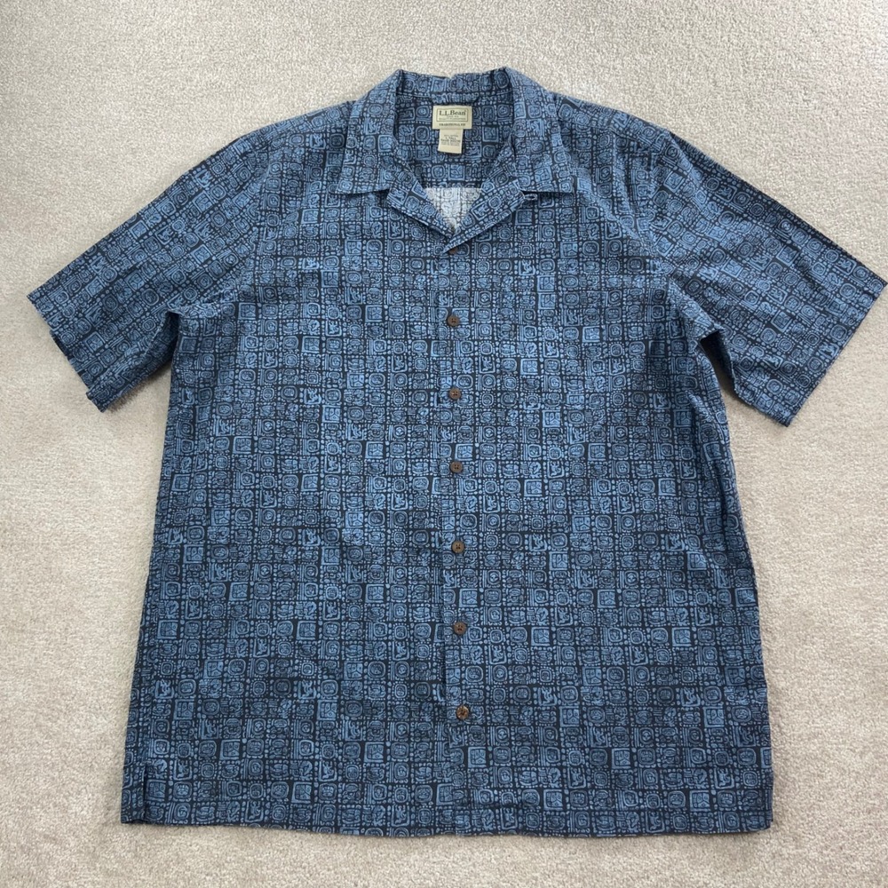 LL Bean Button Down Loop Collar Shirt Mens L Tall Blue Mayan Aztec Glyph Cotton